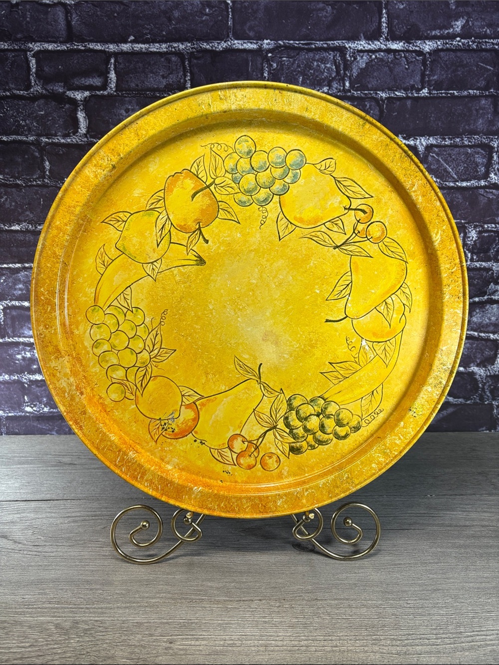 Vintage Large Yellow Metal  Tole Fruit Motif Serving Tray